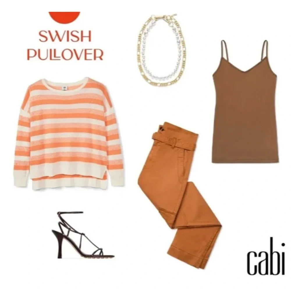 Cabi Swish Linen Blend Pullover Light Sweater Orange Striped Large Boxy Beachy - Picture 9 of 9